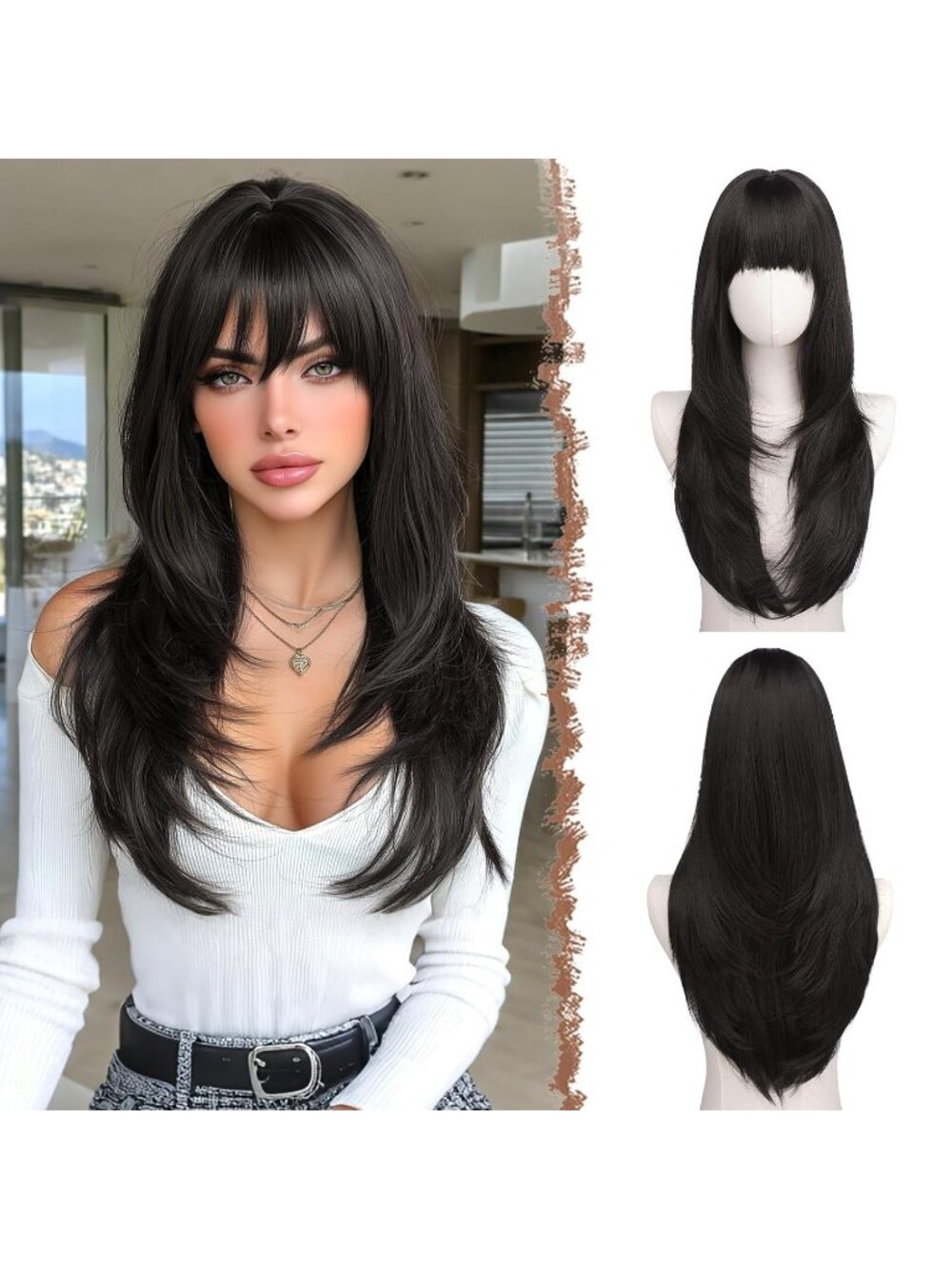 24 Inch Women's Black Brown Synthetic Long Straight Sleek Layered Wig with Bangs